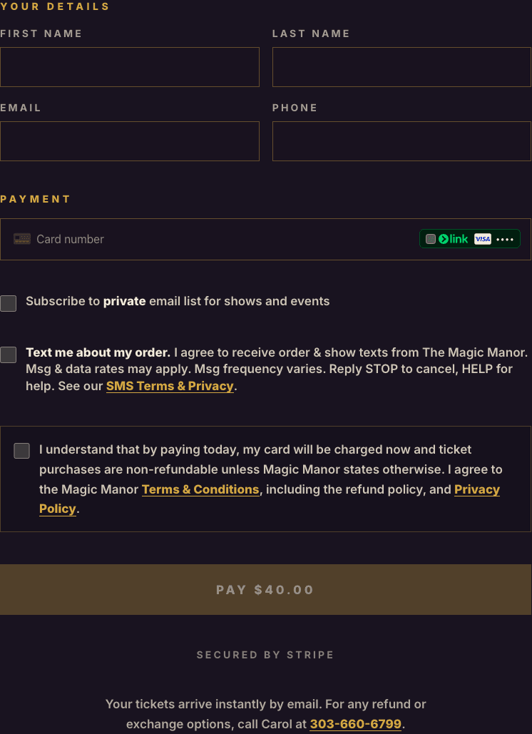 The Magic Manor checkout page: the Your Details form with the phone number field, and below it the optional SMS consent checkbox, shown unchecked by default.